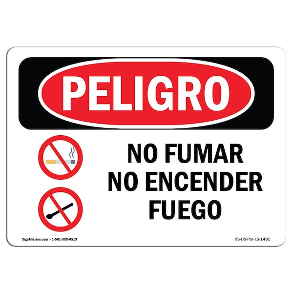 Safety Sign, OSHA Danger, 7" Height, 10" Width, Aluminum, No Smoking No Open Flames Spanish